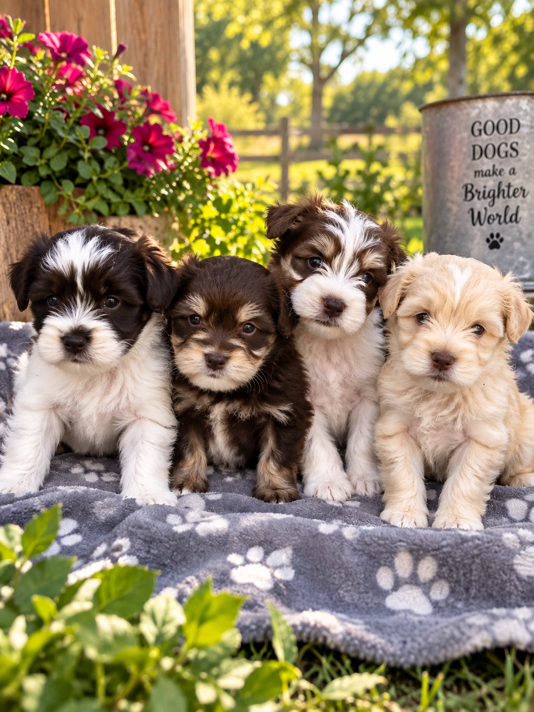 Four MMK9 puppies sitting together outdoors in North Texas