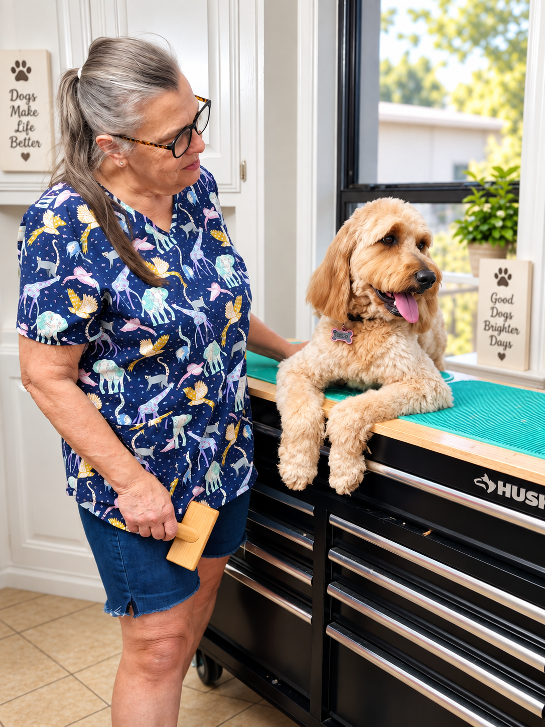 Liberty-Belle Kennels groomer caring for a Goldendoodle during a grooming appointment