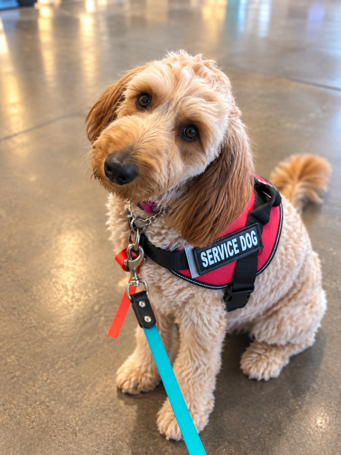 Goldendoodle wearing a service dog vest during MMK9 service dog training
