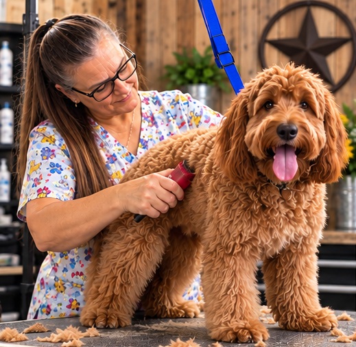 Lisa grooming a reddish Goldendoodle at Liberty-Belle Kennels
