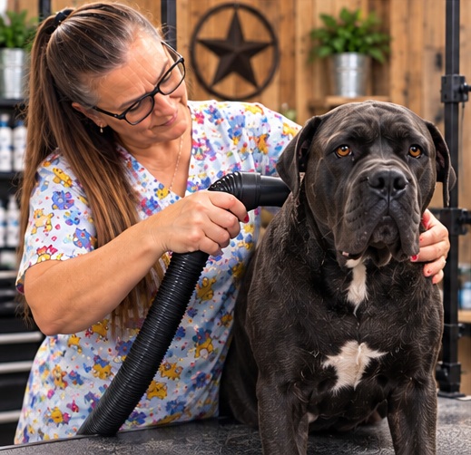 Lisa drying a Cane Corso during grooming
