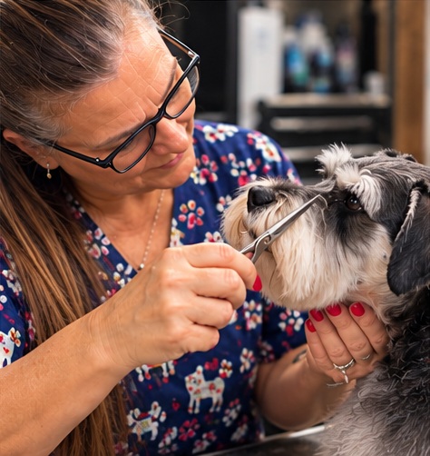 Lisa carefully grooming a Miniature Schnauzer’s face