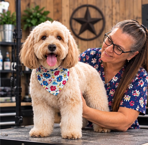Lisa with a freshly groomed cream Goldendoodle