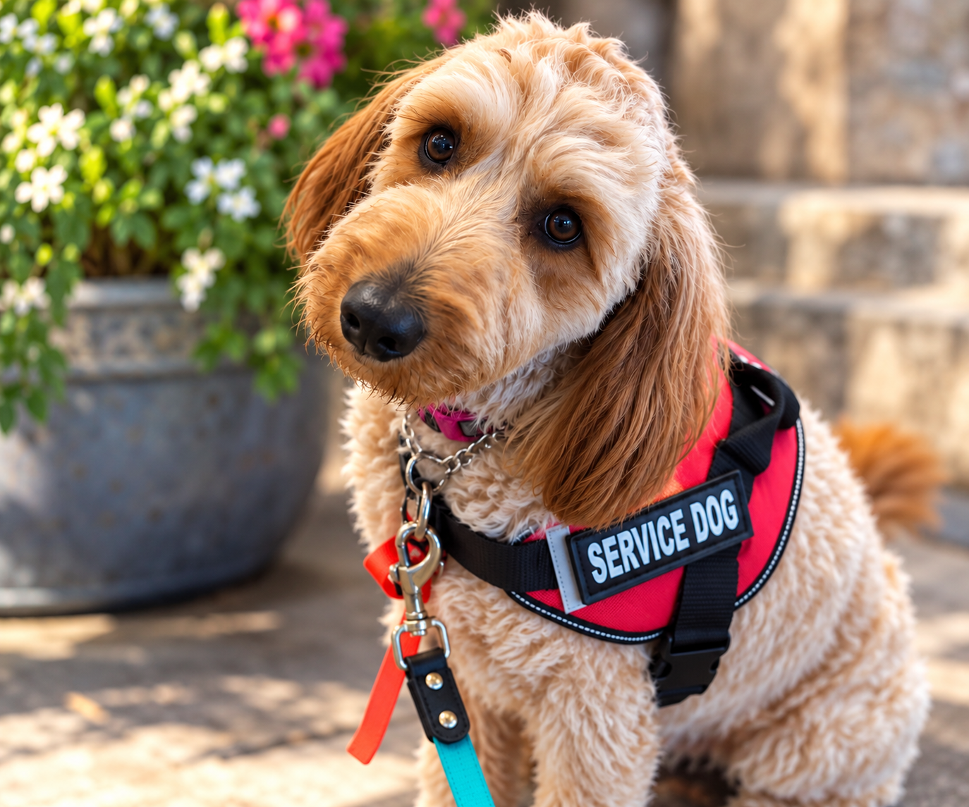 Goldendoodle Judah preparing for hearing assistance work with guidance from MMK9.