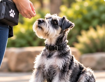 Miniature Schnauzer practicing focused core obedience with a trainer.