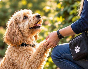 Goldendoodle offering a paw to a handler during partnership training.