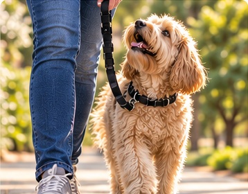 Goldendoodle walking attentively on a loose leash beside a handler.