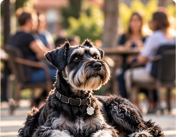 Miniature Schnauzer resting calmly near people in a public setting.